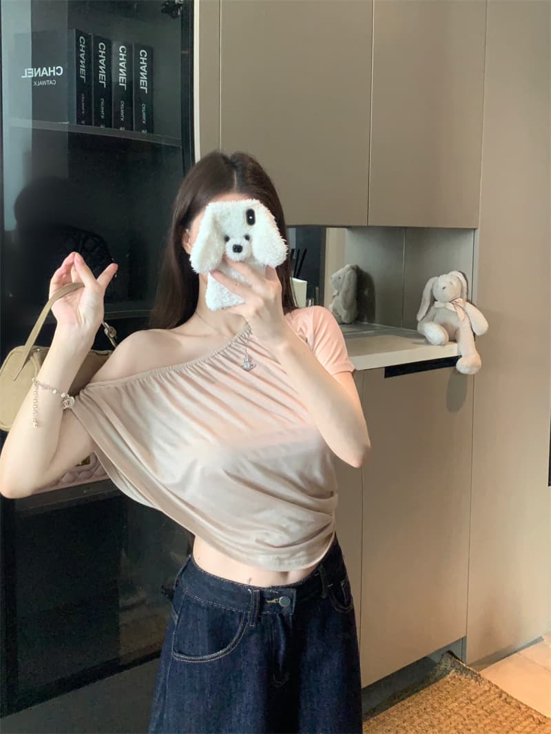 실사 정가 비스듬한 어깨 의류 이슬 조끼 핫걸 순수한 욕망 여름 새로운 슬림해 보이는 반팔 여성 티셔츠 투피스 세트 상세 이미지 8