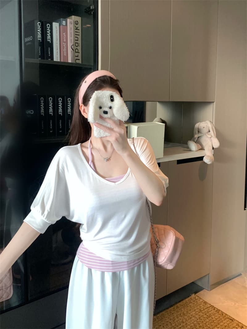 실사 정가 한 부서 ins 스트라이프 행침 목 조끼 여름 얇은 스타일 V넥 티셔츠 세트 상세 이미지 4