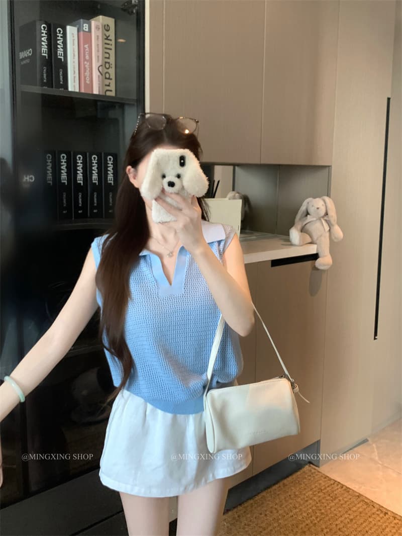 실사 정가 프랑스식 품격 홀로우 아웃 POLO 칼라 니트 조끼 여성 이미지 3
