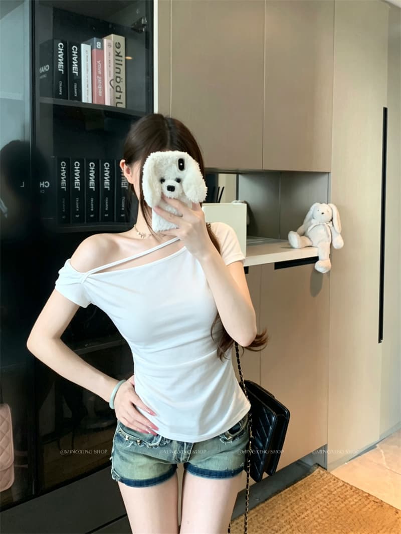 실사 정가 비스듬한 어깨 칼라 깨진 Pleat 허리 수축 트임 반팔 티셔츠 여름 몸매 가꾸기 다용도 상세 이미지 1