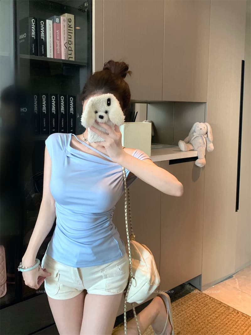 실사 정가 비스듬한 어깨 칼라 깨진 Pleat 허리 수축 트임 반팔 티셔츠 여름 몸매 가꾸기 다용도 상세 이미지 5