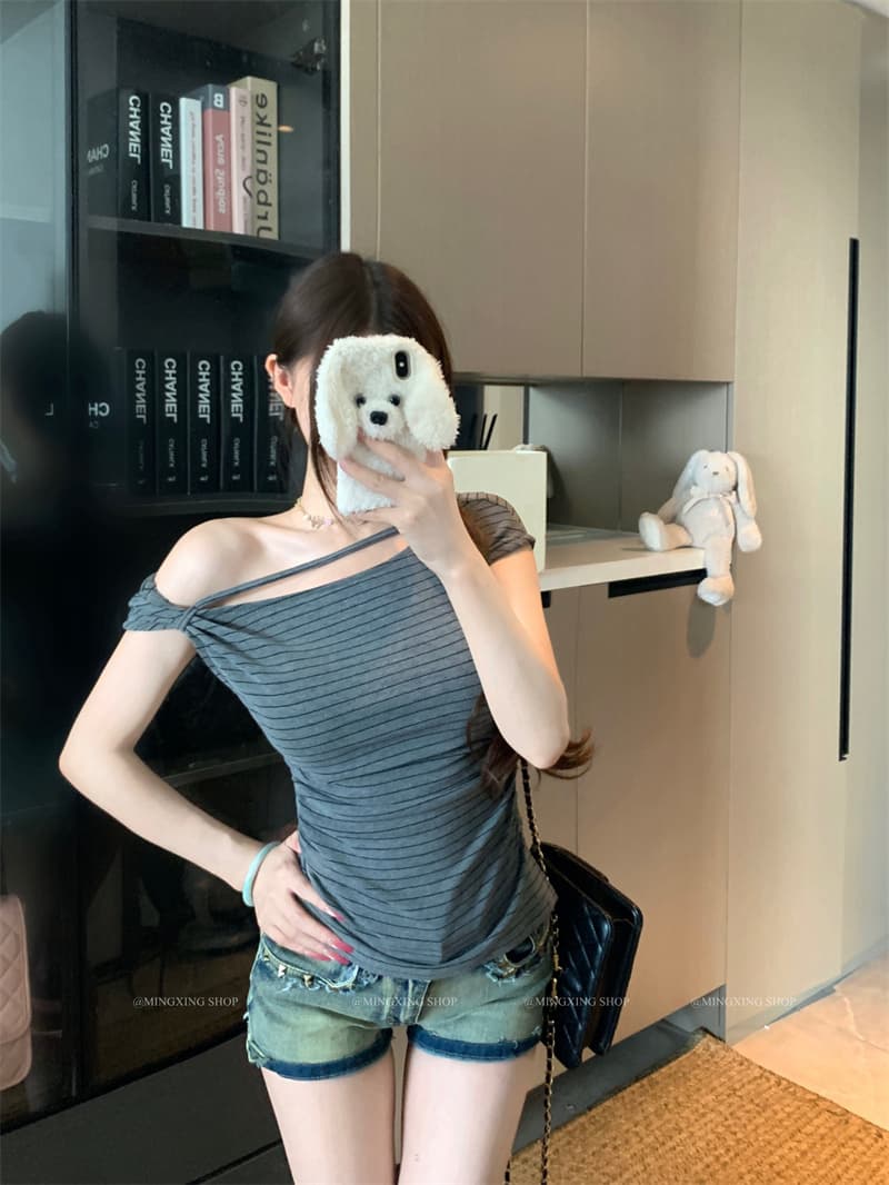 실사 정가 비스듬한 어깨 칼라 깨진 Pleat 허리 수축 트임 반팔 티셔츠 여름 몸매 가꾸기 다용도 상세 이미지 16