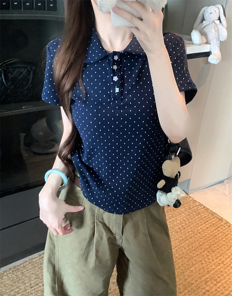 실사 정가 한 부서 달콤한 미적 감각 베이비 칼라 티셔츠 여름 여성 POLO 칼라 도트 무늬 별 버클 반팔 맨위 이미지 2
