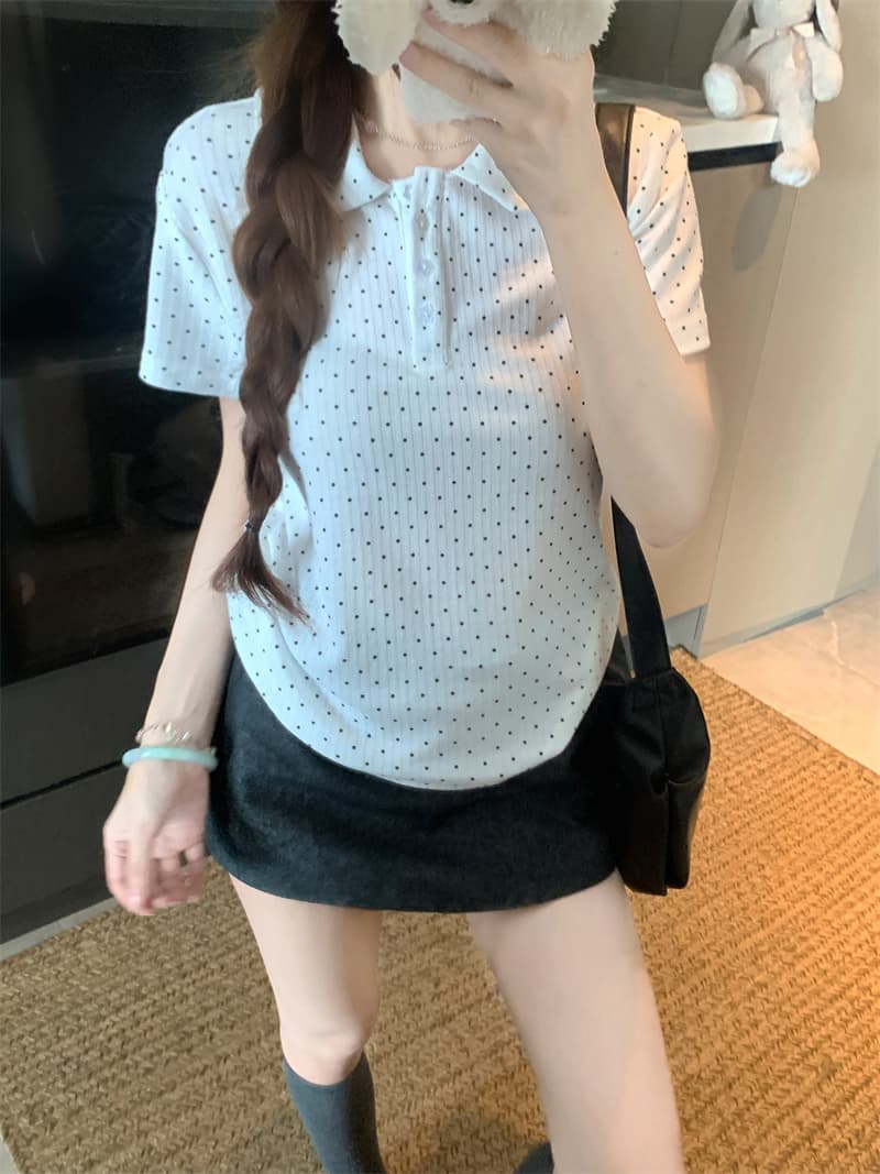 실사 정가 한 부서 달콤한 미적 감각 베이비 칼라 티셔츠 여름 여성 POLO 칼라 도트 무늬 별 버클 반팔 맨위 이미지 3