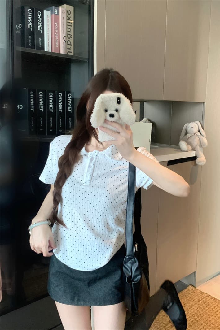 실사 정가 한 부서 달콤한 미적 감각 베이비 칼라 티셔츠 여름 여성 POLO 칼라 도트 무늬 별 버클 반팔 맨위 이미지 5