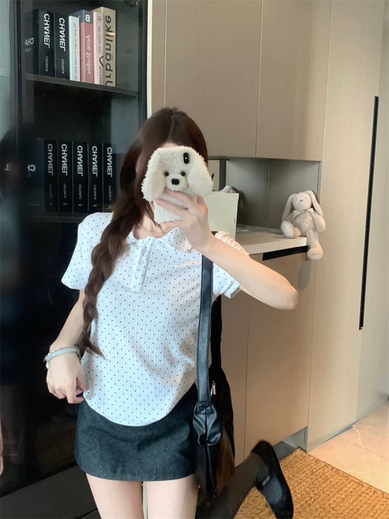 실사 정가 한 부서 달콤한 미적 감각 베이비 칼라 티셔츠 여름 여성 POLO 칼라 도트 무늬 별 버클 반팔 맨위 상세 이미지 5