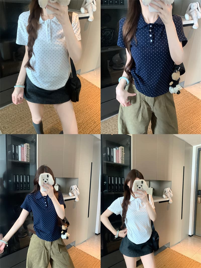 실사 정가 한 부서 달콤한 미적 감각 베이비 칼라 티셔츠 여름 여성 POLO 칼라 도트 무늬 별 버클 반팔 맨위 상세 이미지 6