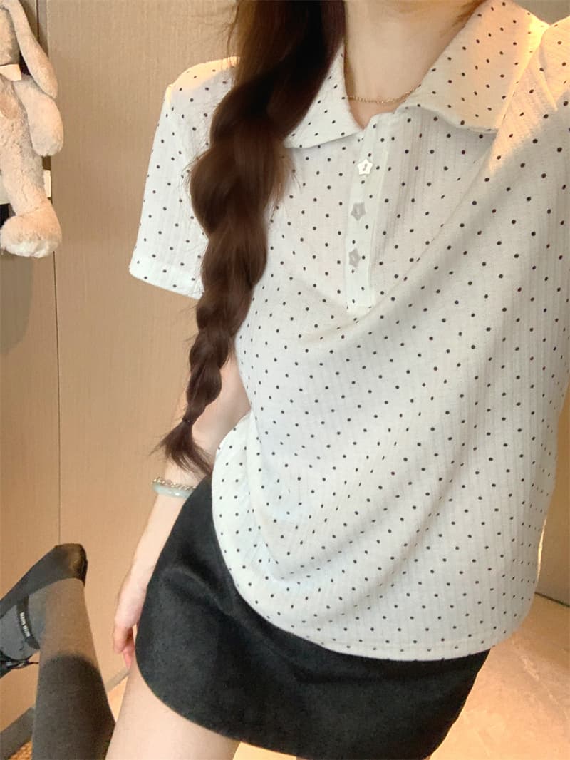 실사 정가 한 부서 달콤한 미적 감각 베이비 칼라 티셔츠 여름 여성 POLO 칼라 도트 무늬 별 버클 반팔 맨위 상세 이미지 10