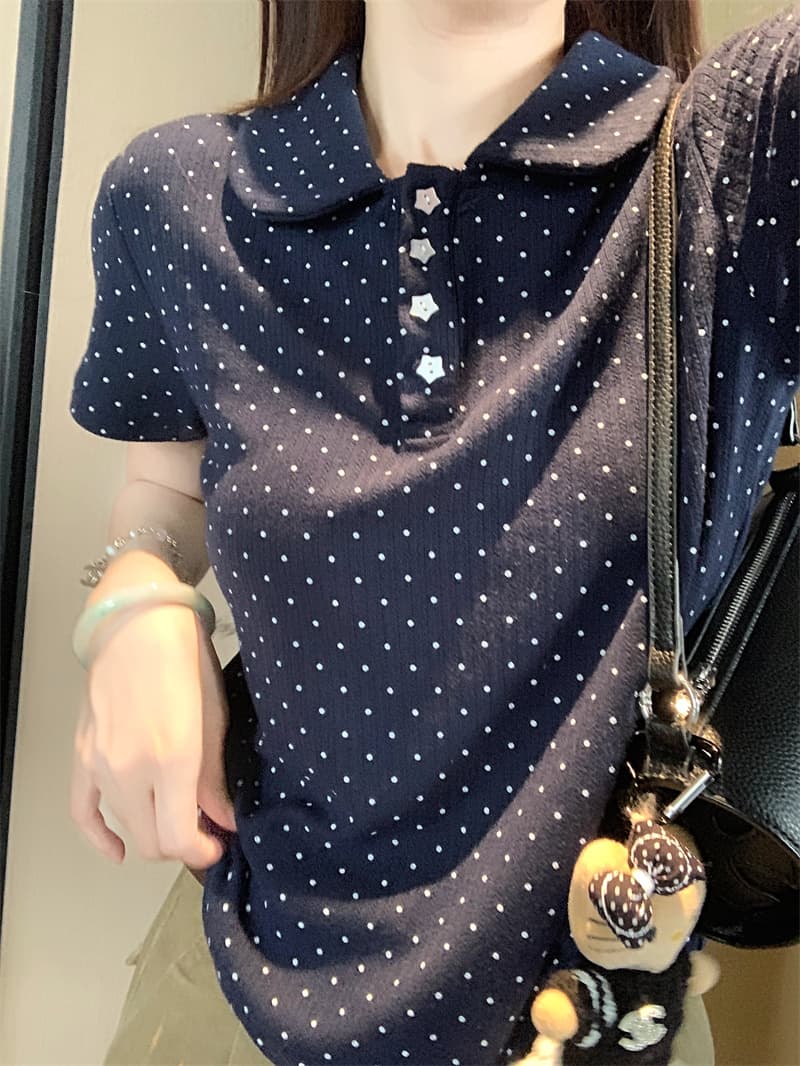 실사 정가 한 부서 달콤한 미적 감각 베이비 칼라 티셔츠 여름 여성 POLO 칼라 도트 무늬 별 버클 반팔 맨위 상세 이미지 11