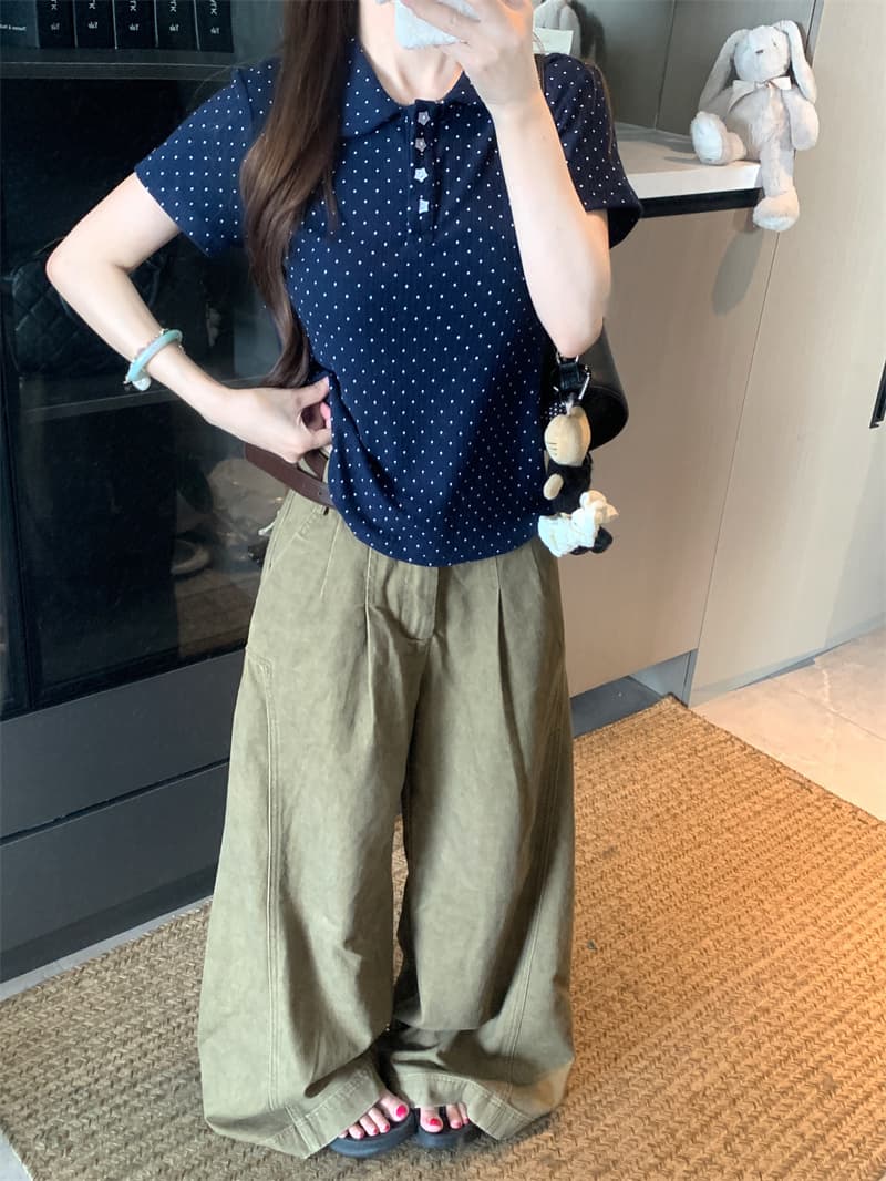 실사 정가 한 부서 달콤한 미적 감각 베이비 칼라 티셔츠 여름 여성 POLO 칼라 도트 무늬 별 버클 반팔 맨위 상세 이미지 13