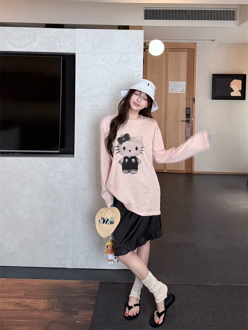 실사 정가 그림 모두에서 세부 정보 루즈핏 자외선 차단 긴팔 티셔츠 맨위 아세트산 반 스커트 두 조각 여성 세트 상세 이미지 3