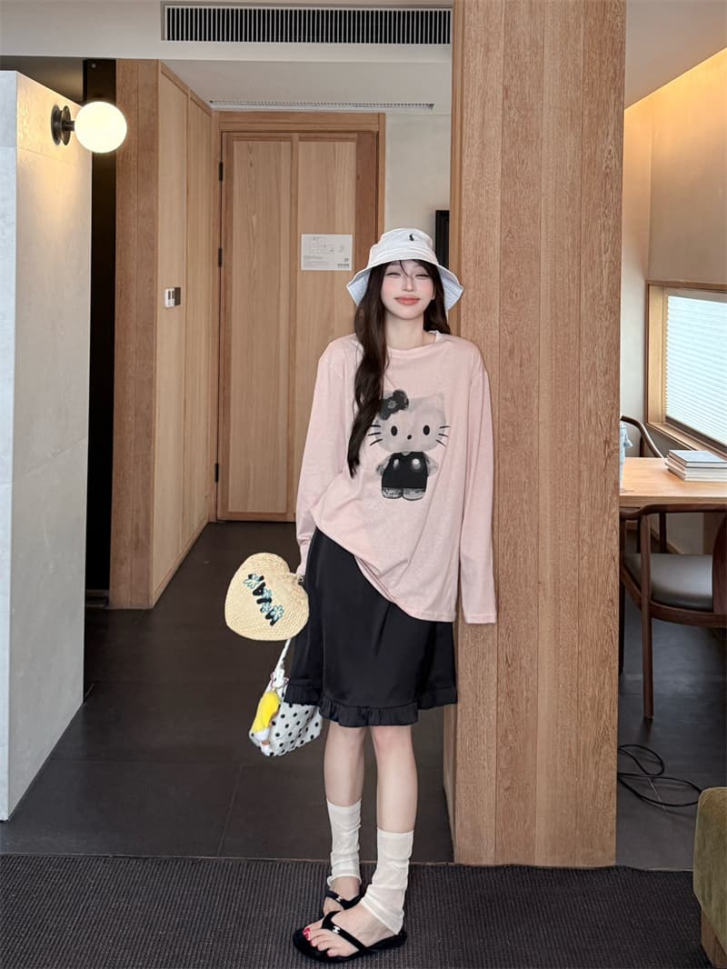 실사 정가 그림 모두에서 세부 정보 루즈핏 자외선 차단 긴팔 티셔츠 맨위 아세트산 반 스커트 두 조각 여성 세트 상세 이미지 7