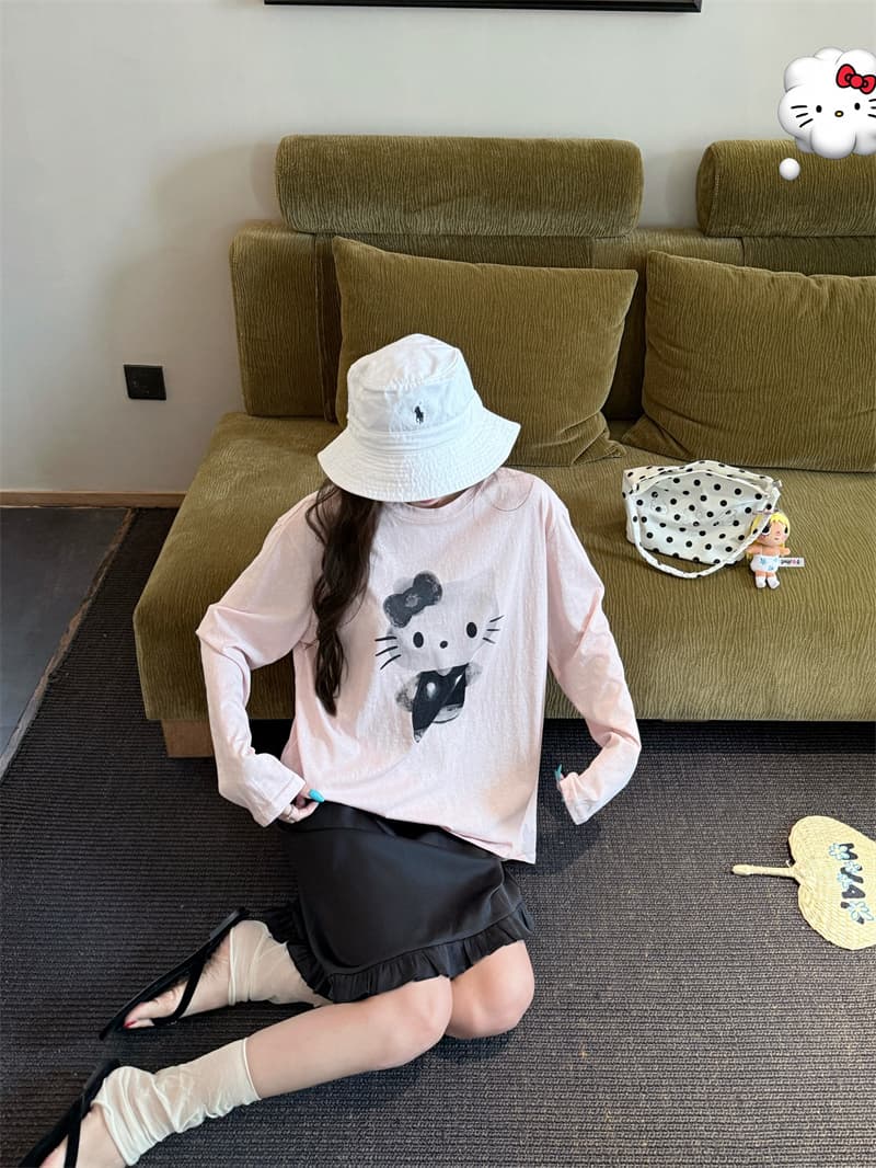 실사 정가 그림 모두에서 세부 정보 루즈핏 자외선 차단 긴팔 티셔츠 맨위 아세트산 반 스커트 두 조각 여성 세트 상세 이미지 8