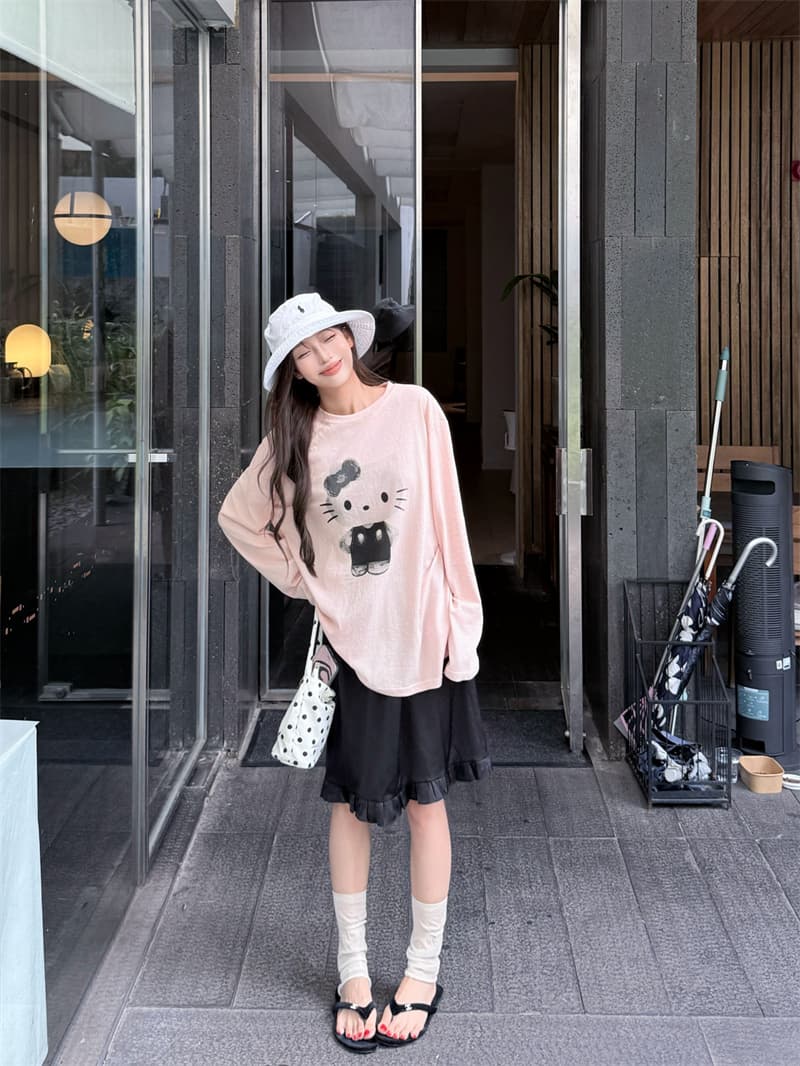 실사 정가 그림 모두에서 세부 정보 루즈핏 자외선 차단 긴팔 티셔츠 맨위 아세트산 반 스커트 두 조각 여성 세트 상세 이미지 12