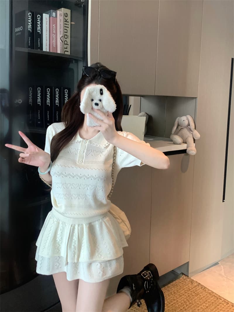 실사 정가 한 부서 니트 세트 베이비 칼라 반팔 맨위 이중층 반신 스커트