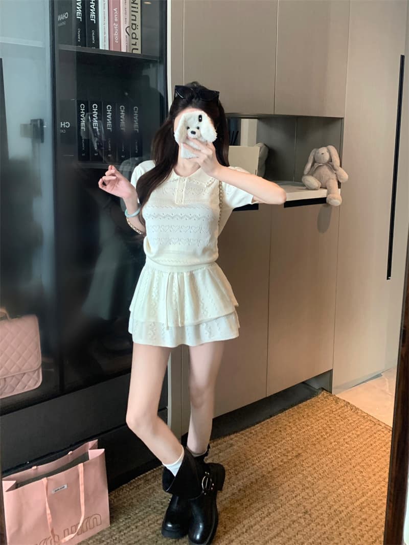 실사 정가 한 부서 니트 세트 베이비 칼라 반팔 맨위 이중층 반신 스커트 상세 이미지 2