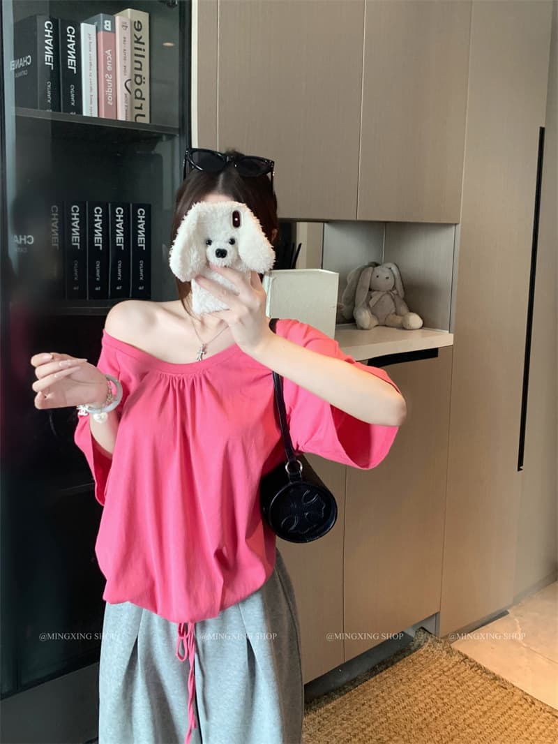 실사 정가 수 있습니다. 둘 착용 반팔 맨위 여성 밑단 펌프 로프 u 칼라 펌프 Pleat 비스듬한 어깨 티셔츠