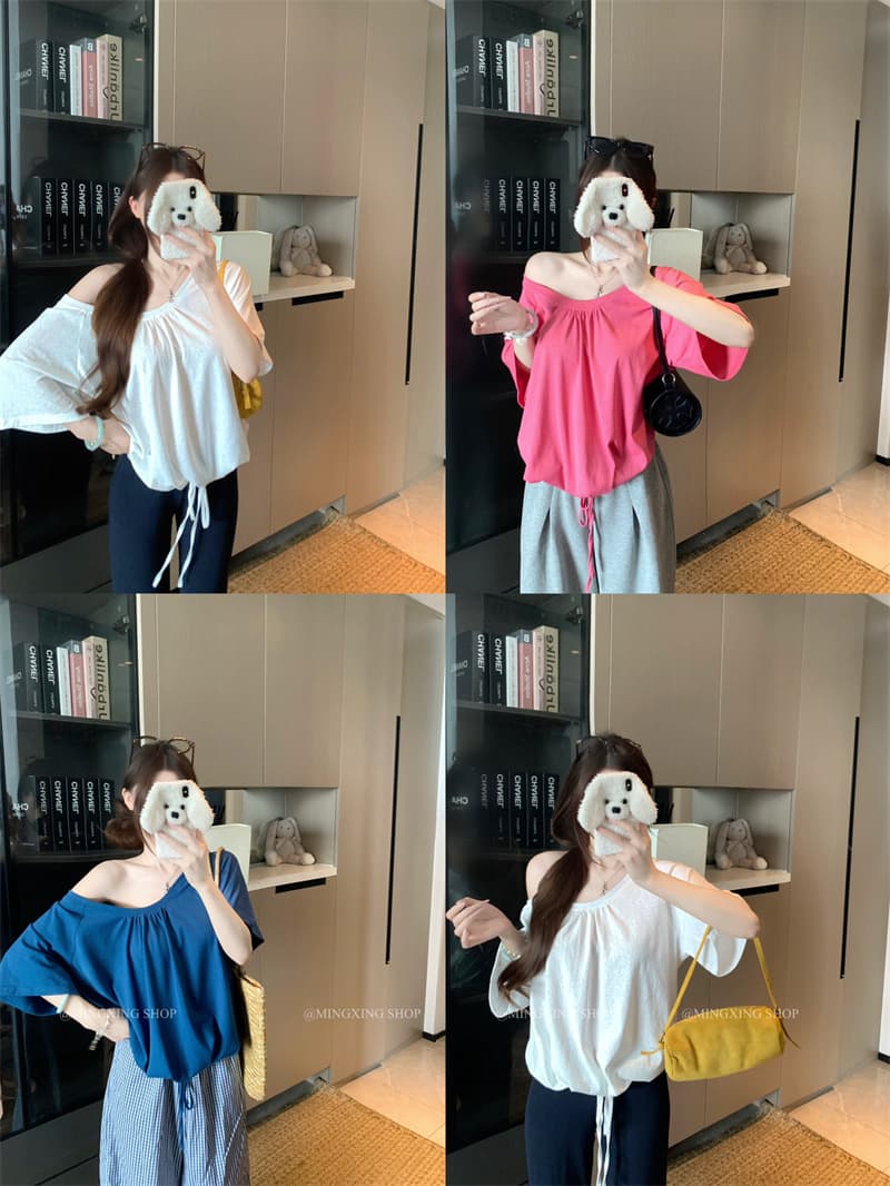 실사 정가 수 있습니다. 둘 착용 반팔 맨위 여성 밑단 펌프 로프 u 칼라 펌프 Pleat 비스듬한 어깨 티셔츠 상세 이미지 6