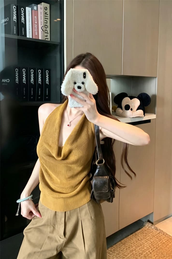 실사 정가 한 부서 미니멀리즘 순수한 욕망 센스 캐주얼 행침 목 니트 조끼 여성 여름 슬림해 보이는 맨위 여성 이미지 5