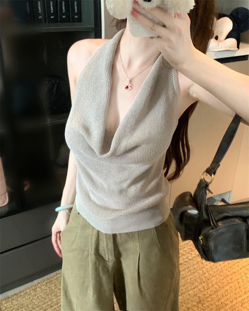 실사 정가 한 부서 미니멀리즘 순수한 욕망 센스 캐주얼 행침 목 니트 조끼 여성 여름 슬림해 보이는 맨위 여성 상세 이미지 7