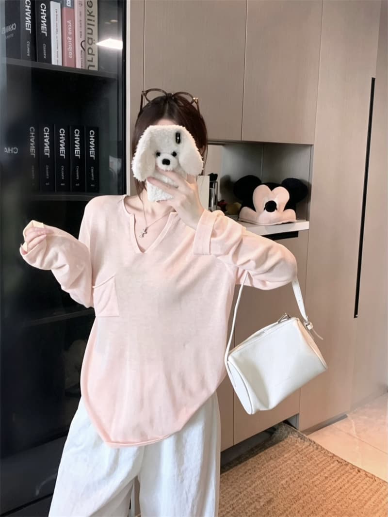 실사 정가 V넥 긴팔 블라우스 에어컨 셔츠 루즈핏 슬림해 보이는 외출용 니트 맨위 여성 여름 이미지 3