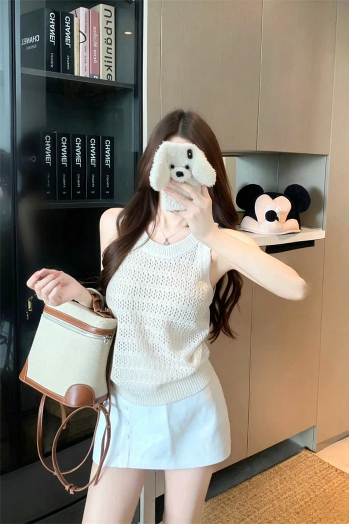 실사 정가 무거운 작업 훅 제직 홀로우 아웃 조끼 다용도 슬림해 보이는 민소매 맨위 여름 이미지 5