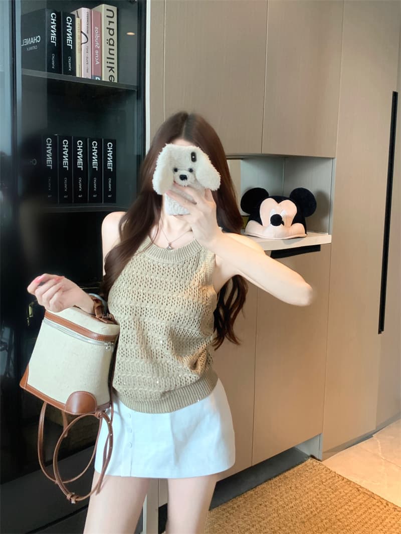 실사 정가 무거운 작업 훅 제직 홀로우 아웃 조끼 다용도 슬림해 보이는 민소매 맨위 여름 상세 이미지 1