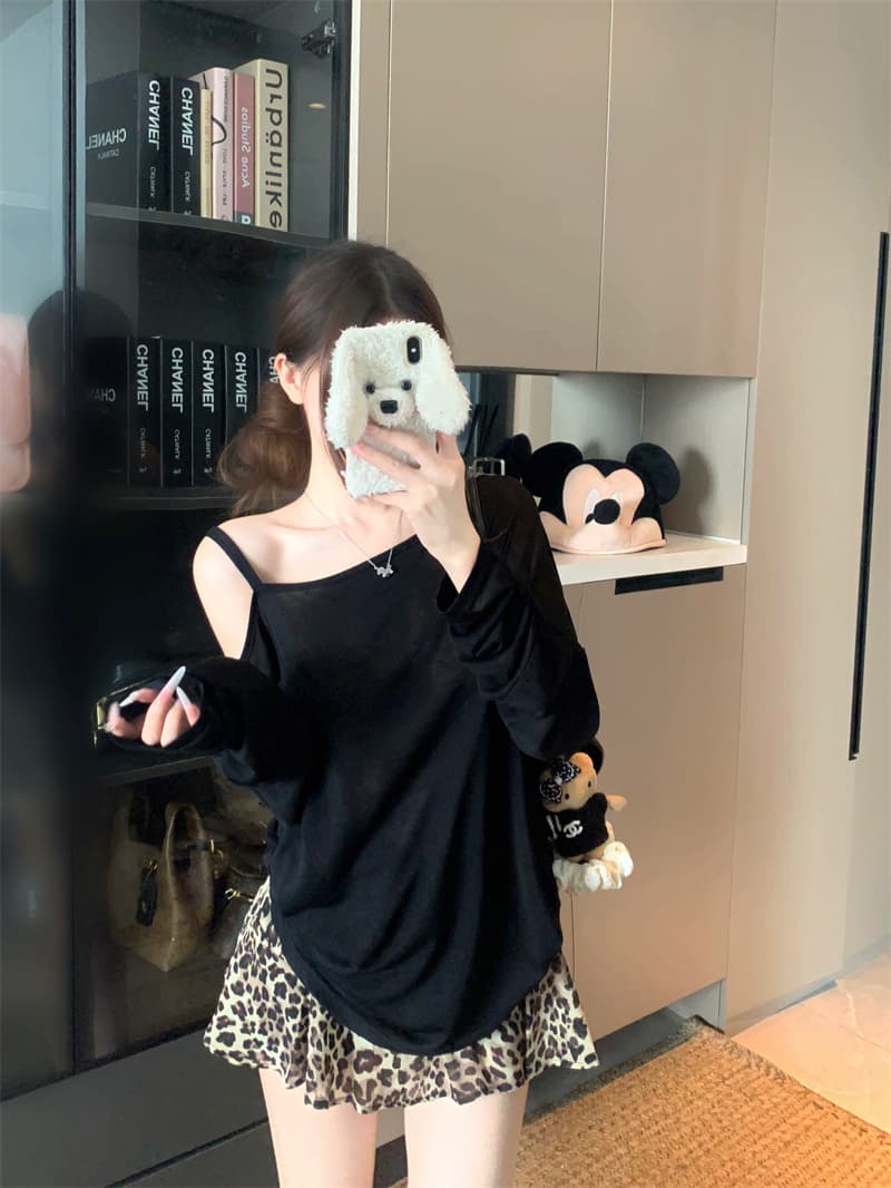 실사 정가 단색 비스듬한 칼라 오프숄더 긴팔 레오파드 무늬 반신 스커트 두 조각 여성 세트 이미지 2