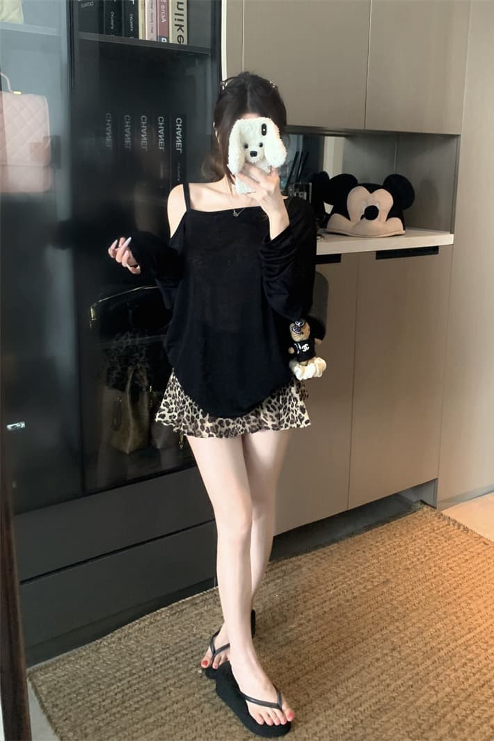 실사 정가 단색 비스듬한 칼라 오프숄더 긴팔 레오파드 무늬 반신 스커트 두 조각 여성 세트 이미지 5