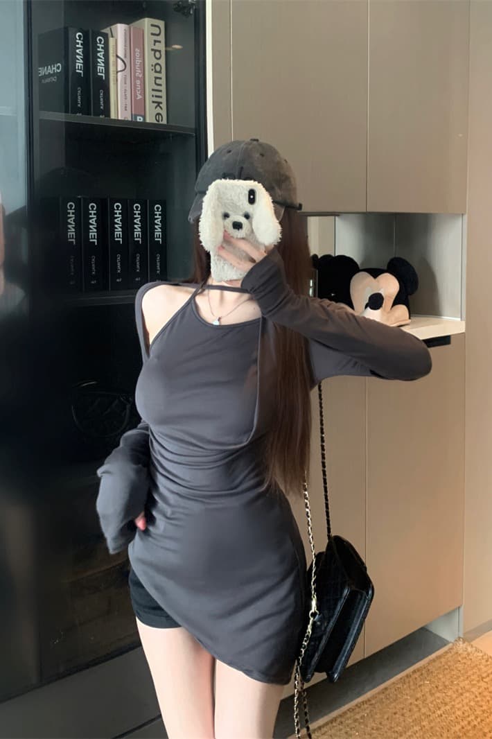 실사 정가 회색 긴팔 티셔츠 여성 슬림해 보이는 불규칙 종이 사람들 캐주얼 자외선 차단 블라우스 꼬집기 허리 위로 의류 이미지 5