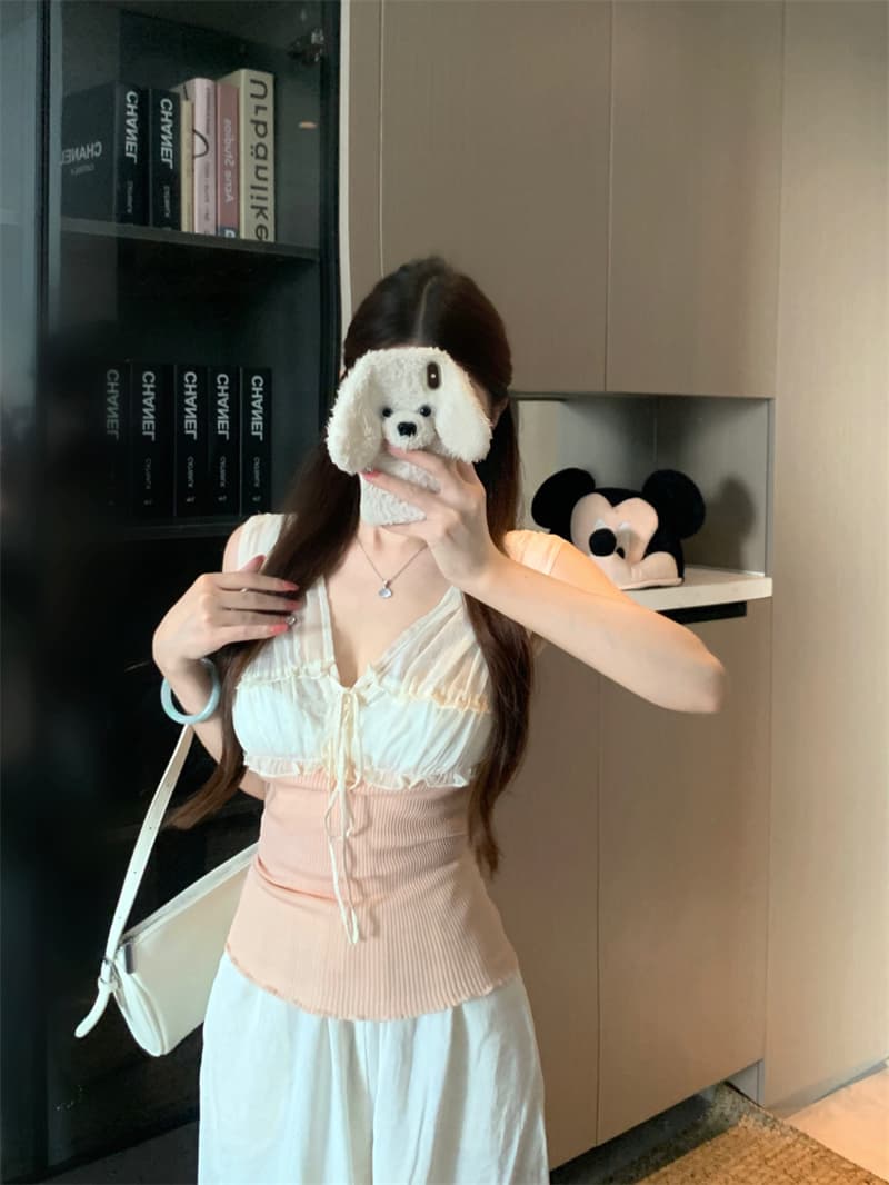 실사 정가 순수한 욕망 배색 레이스업 쉬폰 패치워크 조끼 여성 몸매 가꾸기 슈퍼 잘 생긴 맨위 상세 이미지 4
