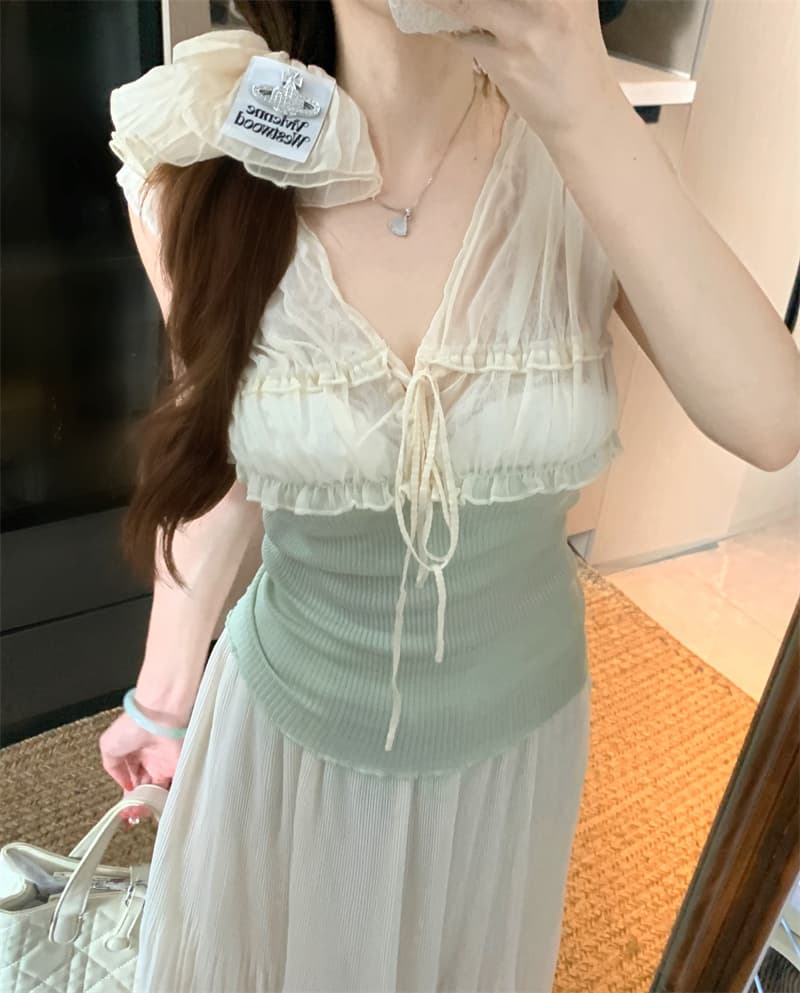 실사 정가 순수한 욕망 배색 레이스업 쉬폰 패치워크 조끼 여성 몸매 가꾸기 슈퍼 잘 생긴 맨위 상세 이미지 5