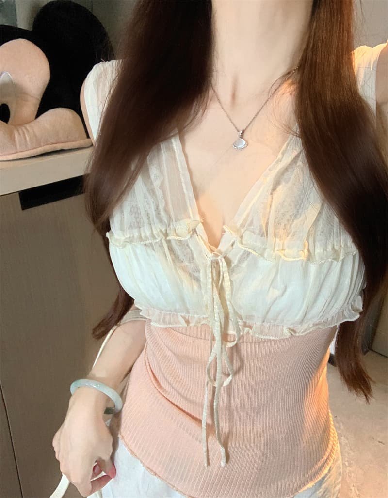 실사 정가 순수한 욕망 배색 레이스업 쉬폰 패치워크 조끼 여성 몸매 가꾸기 슈퍼 잘 생긴 맨위 상세 이미지 11