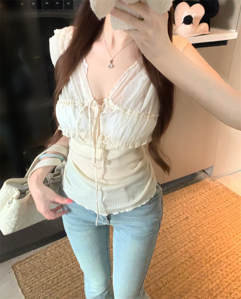실사 정가 순수한 욕망 배색 레이스업 쉬폰 패치워크 조끼 여성 몸매 가꾸기 슈퍼 잘 생긴 맨위 상세 이미지 16