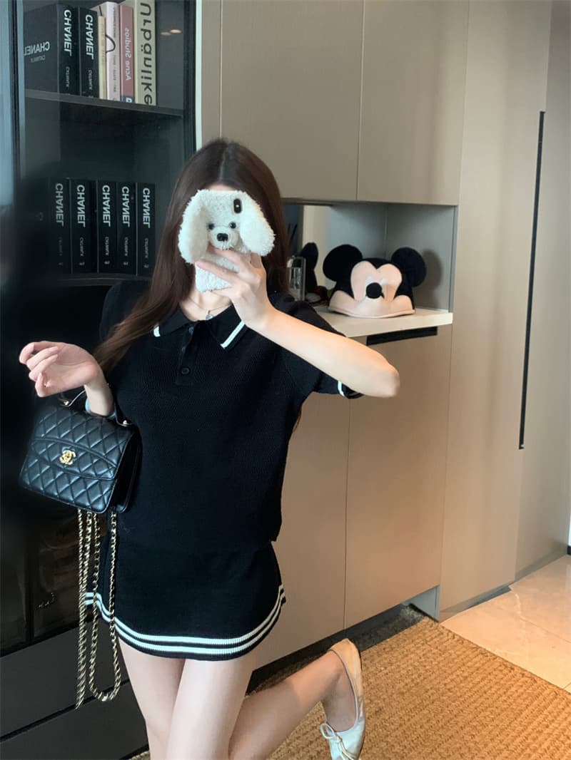 실사 정가 여름 슬림해 보이는 품격 니트 배색 POLO 칼라 패션 미니 스커트 여성 의류 세트 상세 이미지 4