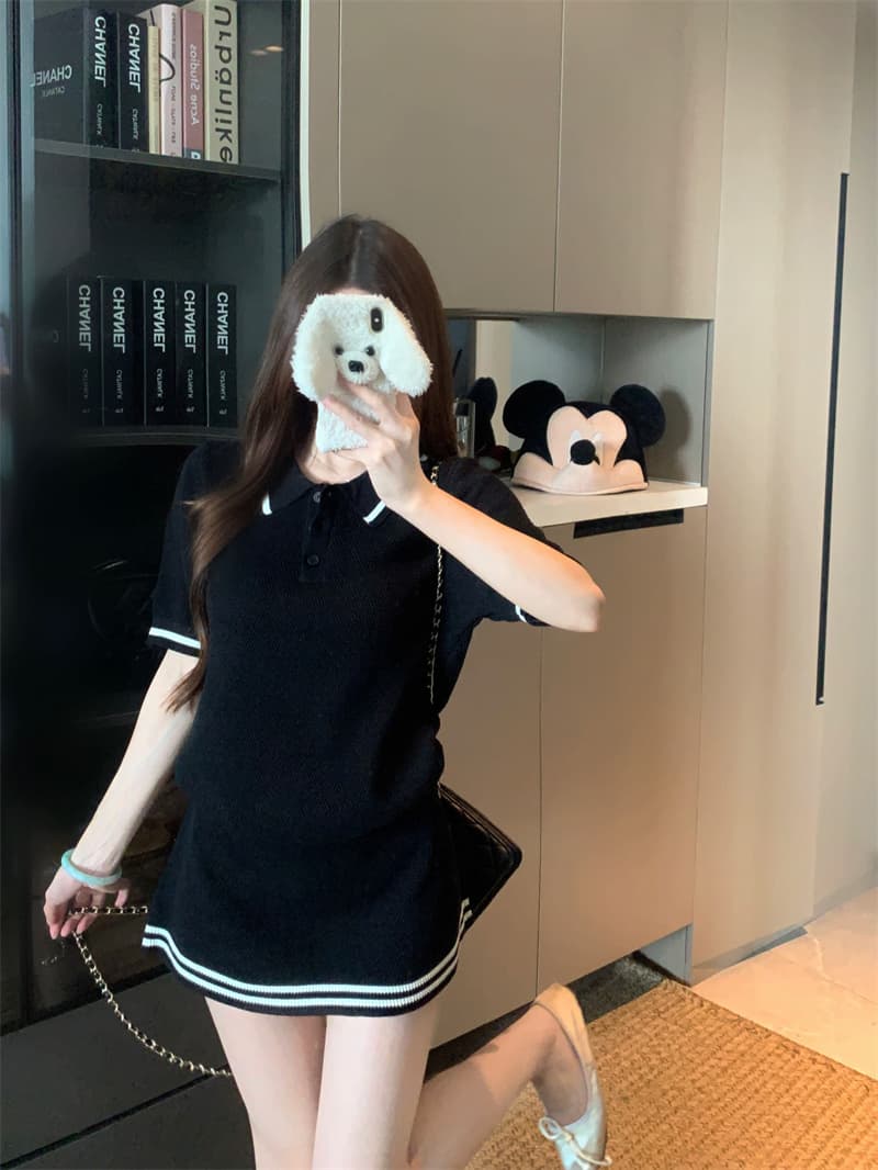 실사 정가 여름 슬림해 보이는 품격 니트 배색 POLO 칼라 패션 미니 스커트 여성 의류 세트 상세 이미지 15