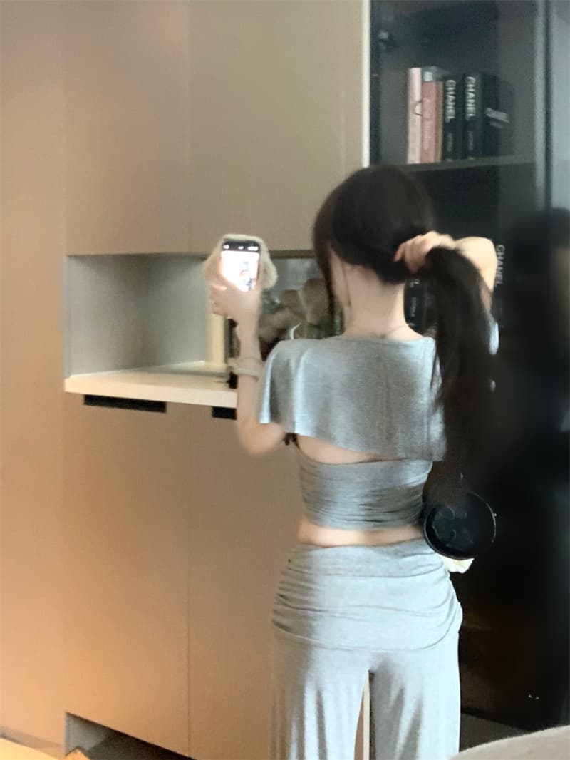 실사 정가 라이 경기 서울 깊은 V 넥 백리스 맨위 긴 바지 세트 여성 여름 핫걸 몸매 가꾸기 슬림해 보이는 투피스 세트 이미지 3