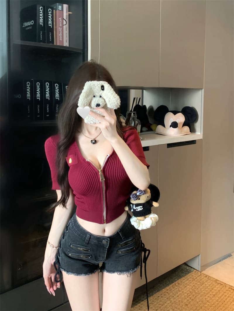 실사 정가 프랑스식 섹시함 핫걸 바람 u 칼라 반팔 니트 티셔츠 여성 지퍼 몸매 가꾸기 슬림해 보이는 쇼트 스타일 맨위 상세 이미지 9