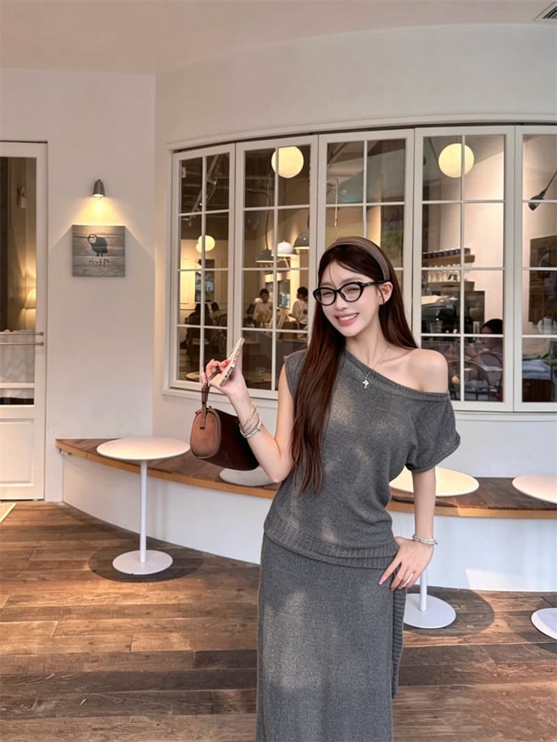 실사 정가 한 부서 라이 경기 서울 아마 혼방 세트 대 u 칼라 표지 고기 부드러운 품격 롱 스커트 투피스 세트 이미지 2