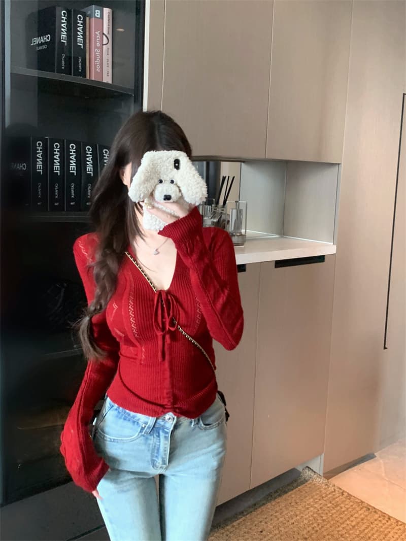 실사 정가 순수한 욕망 V넥 나비 넥타이 펌프 로프 홀로우 아웃 니트 스웨터 이른 가을 풀오버 긴팔 맨위 여성 상세 이미지 1