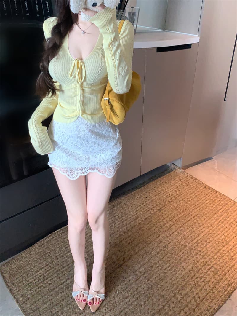 실사 정가 순수한 욕망 V넥 나비 넥타이 펌프 로프 홀로우 아웃 니트 스웨터 이른 가을 풀오버 긴팔 맨위 여성 상세 이미지 14