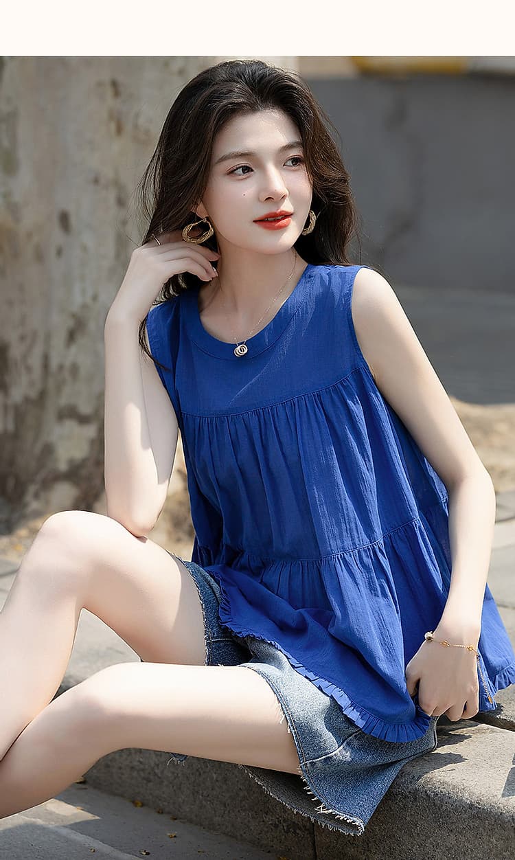 2025 여름 톰 글 래 원인 블루 부드러운 코튼 셔츠 민소매 스티칭 느슨한 작은 남자 셔츠 여성 의류 맨위 상세 이미지 16