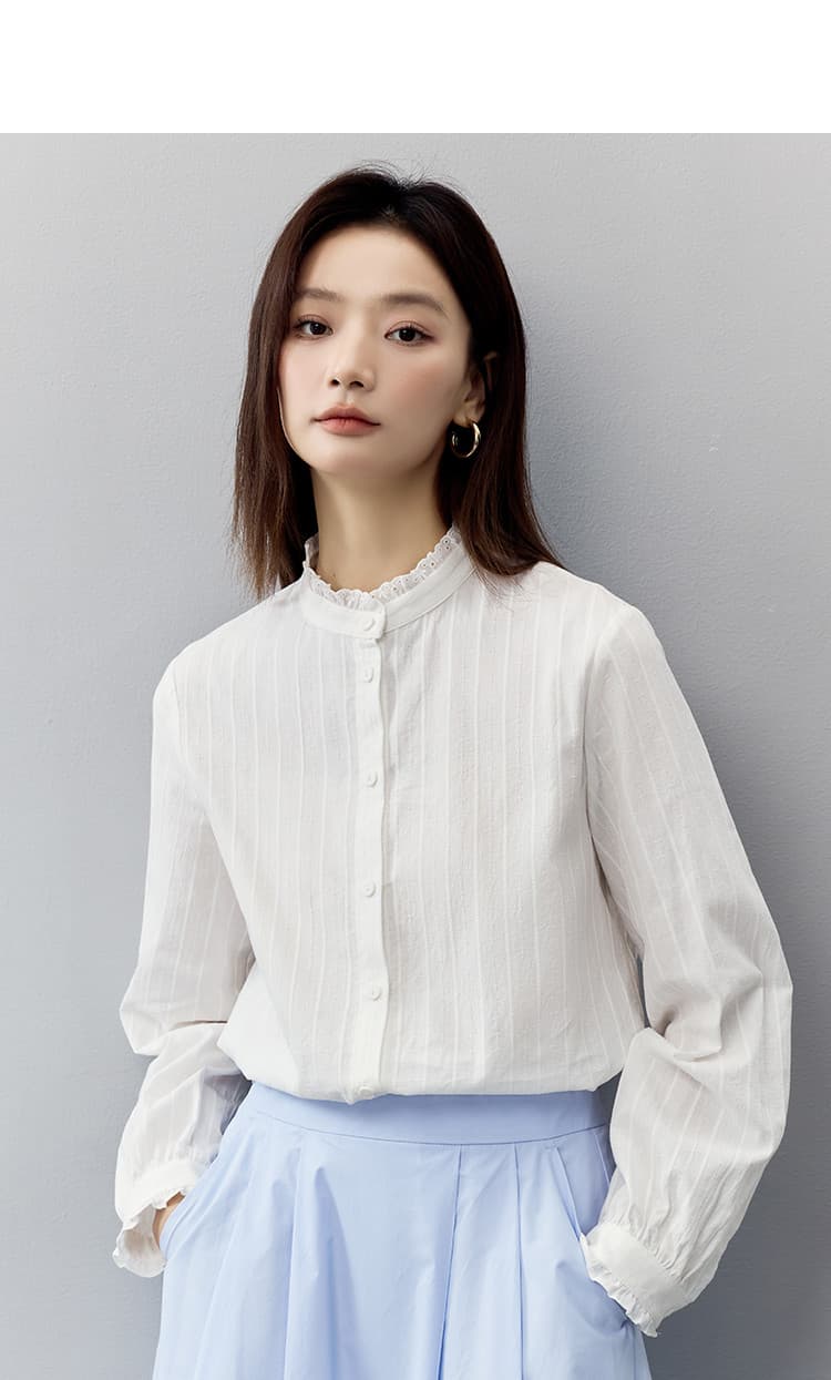 2026 가을 섹션 품격 고급 센스 패션 긴팔 셔츠 순면 프랑스식 출퇴근 레이스 스탠드 칼라 셔츠 상세 이미지 13