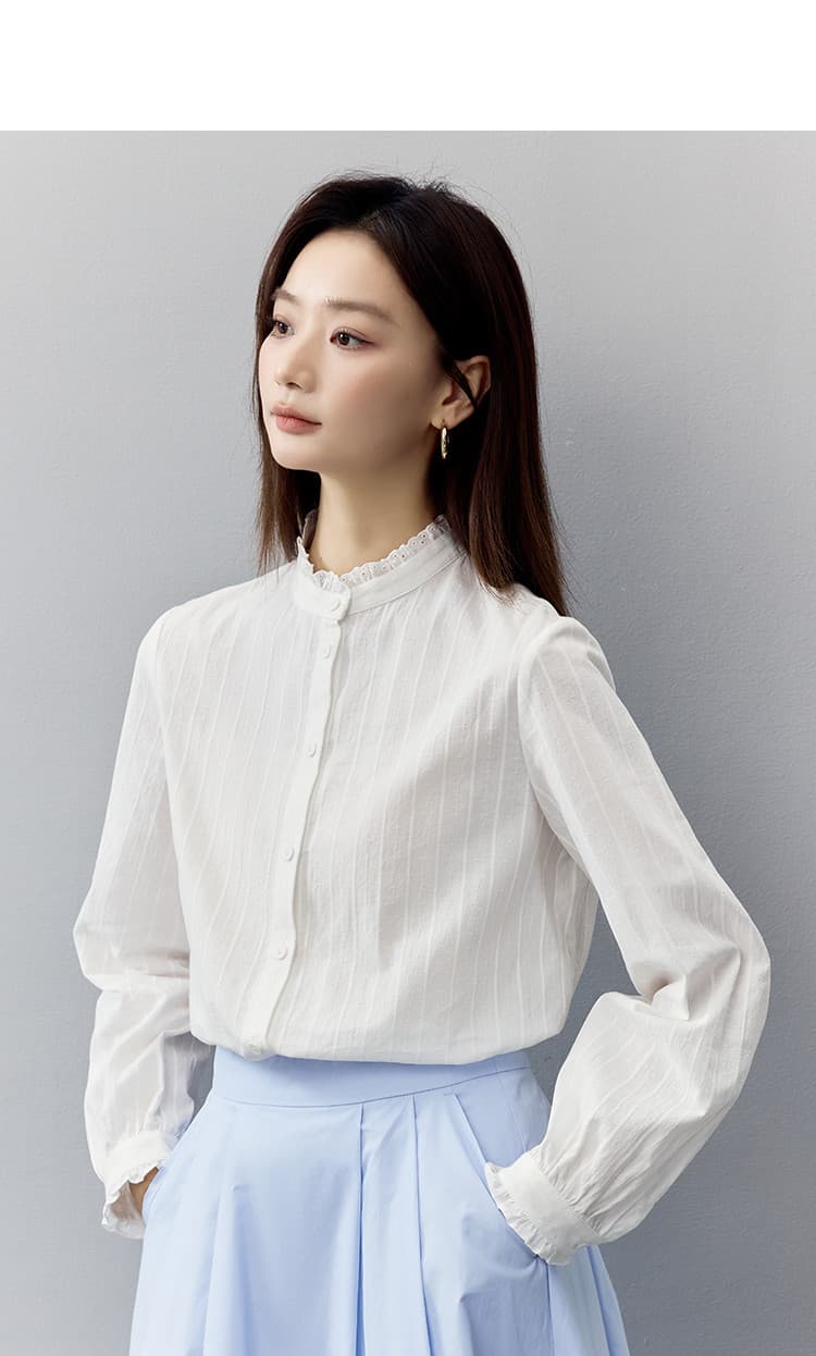 2026 가을 섹션 품격 고급 센스 패션 긴팔 셔츠 순면 프랑스식 출퇴근 레이스 스탠드 칼라 셔츠 상세 이미지 19