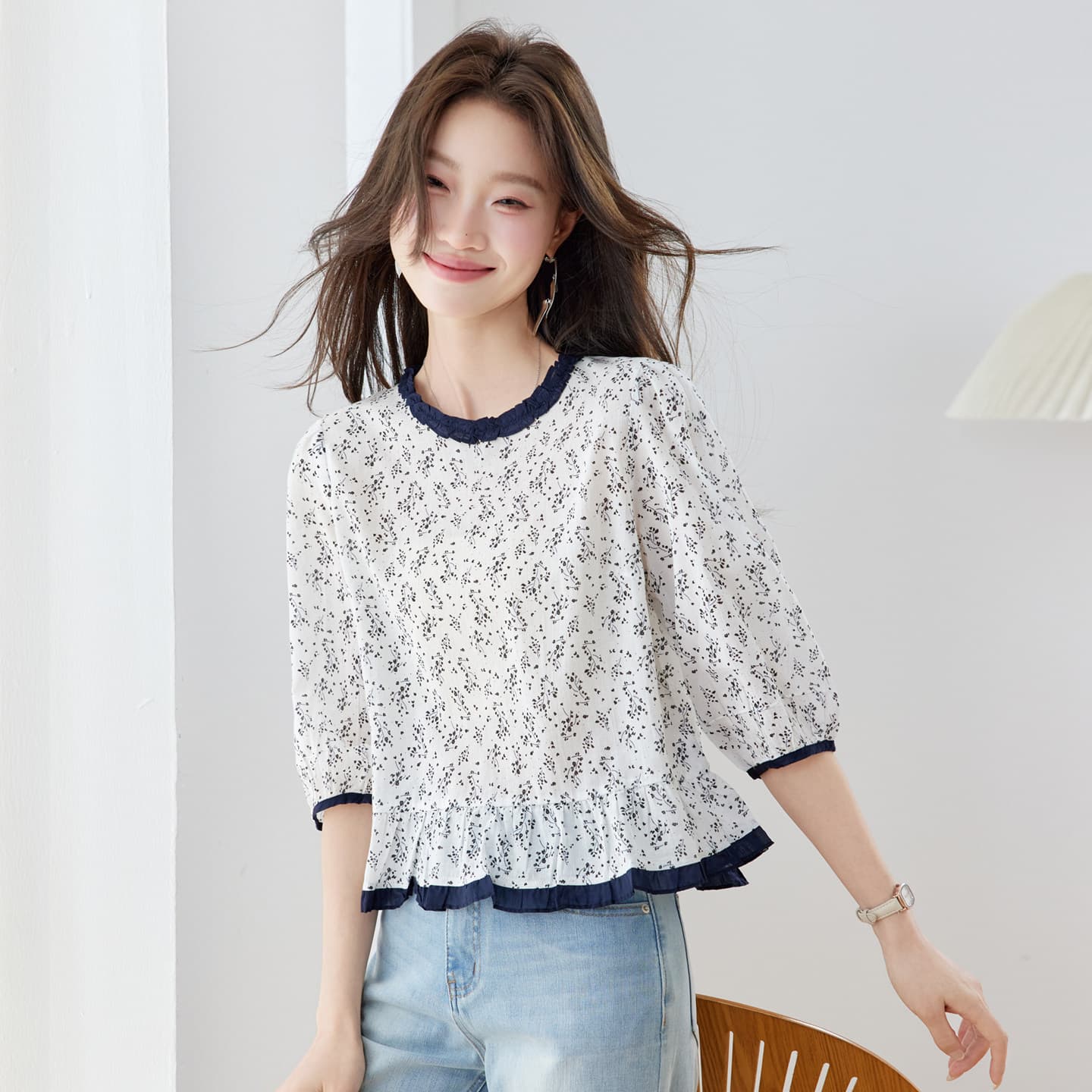 프랑스식 부드러운 바람 프릴 꽃무늬 여성 셔츠 2026 새로운 7부 소매 셔츠 연령 감소 슬림해 보이는 외국 가스 맨위 이미지 4