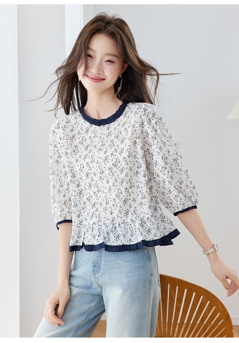 프랑스식 부드러운 바람 프릴 꽃무늬 여성 셔츠 2026 새로운 7부 소매 셔츠 연령 감소 슬림해 보이는 외국 가스 맨위 상세 이미지 11