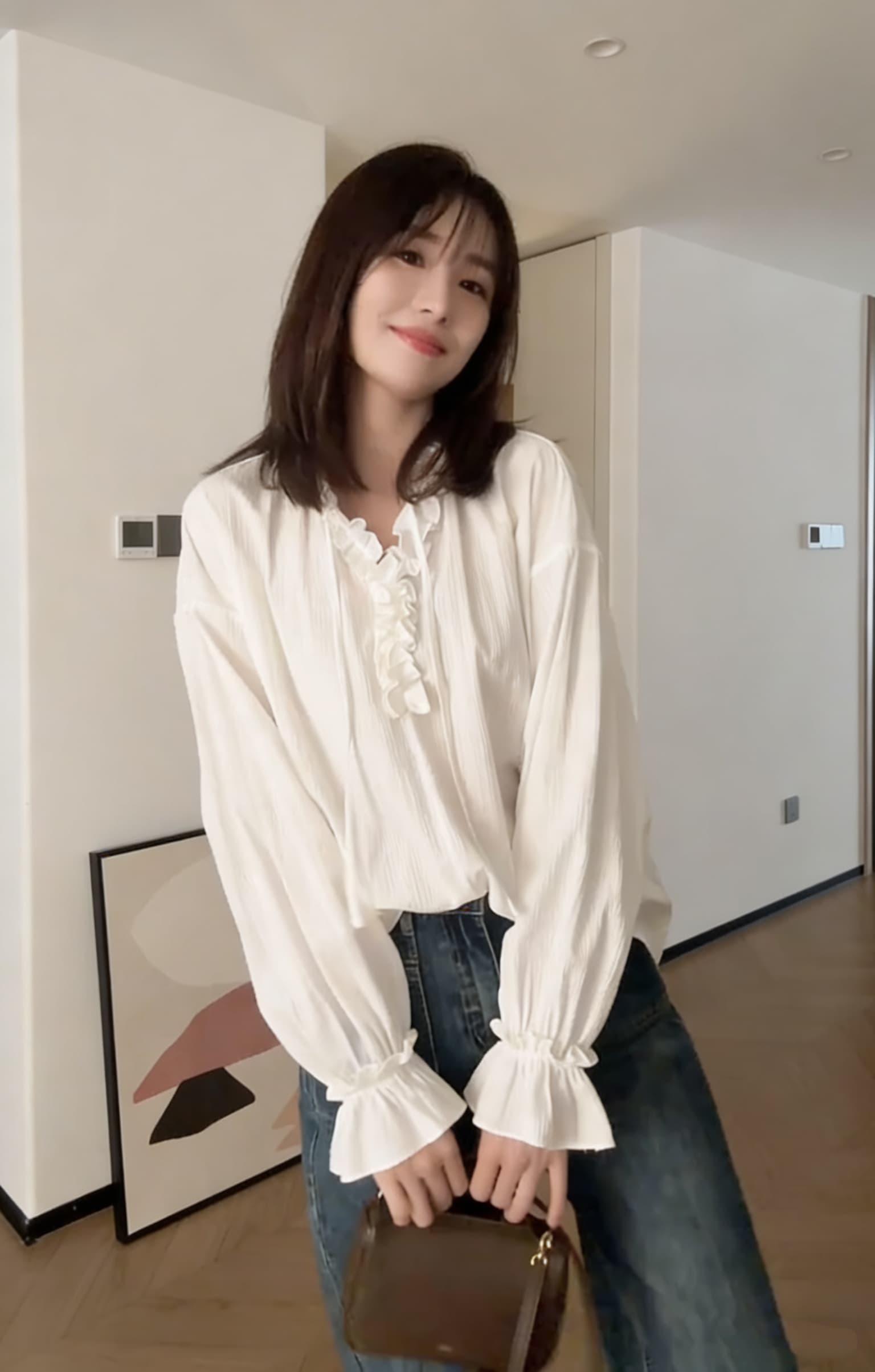 레이스 칼라 자카드 질감 면 100% 긴팔 얇고 가벼운 셔츠 이미지 2