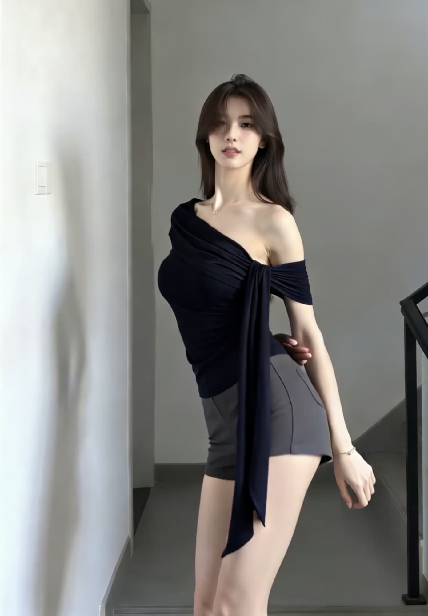 있음 선적 리본 오프숄더 반팔 티셔츠 상세 이미지 3