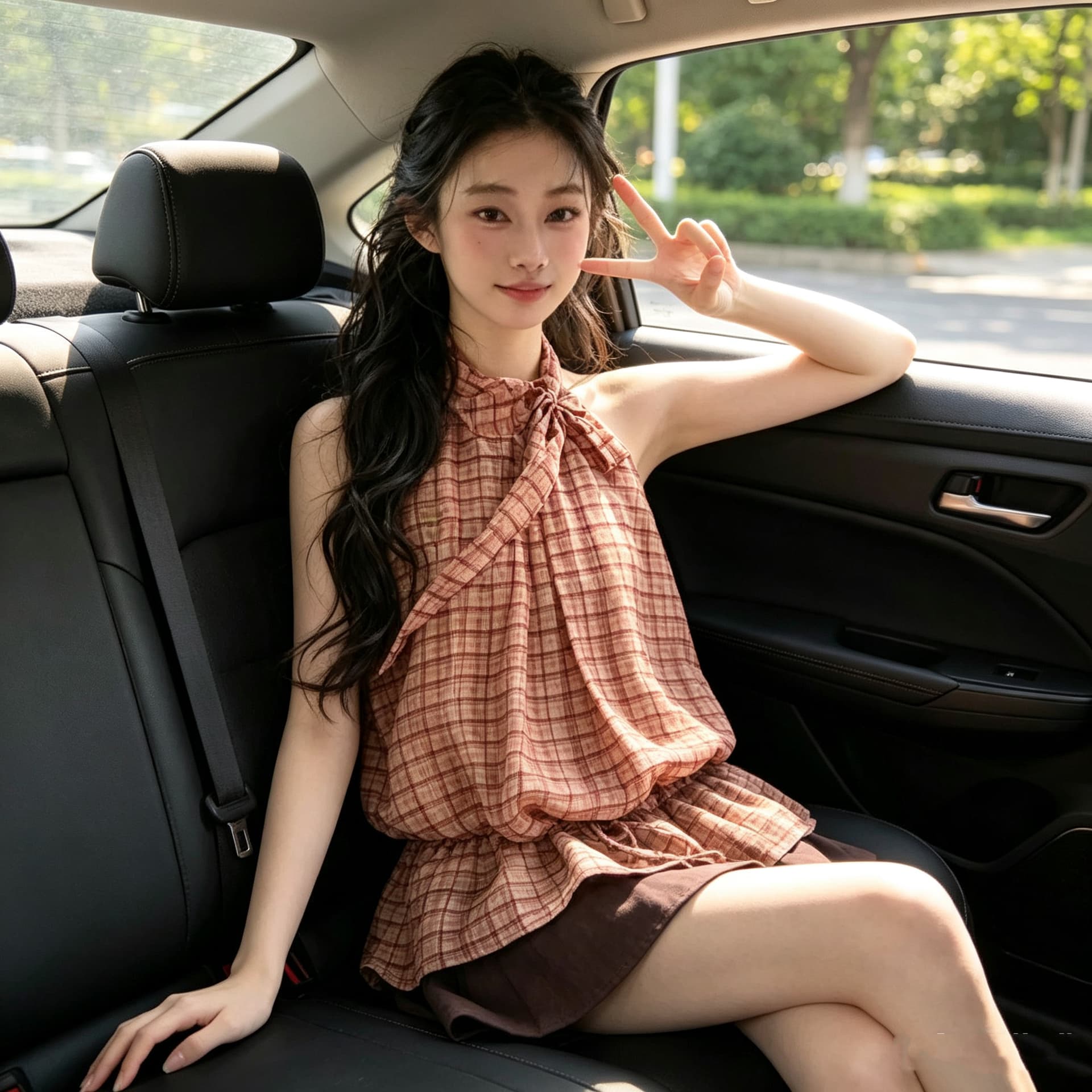 프랑스식 행침 목 체크무늬 얇은 스타일 허리 수축 민소매 셔츠