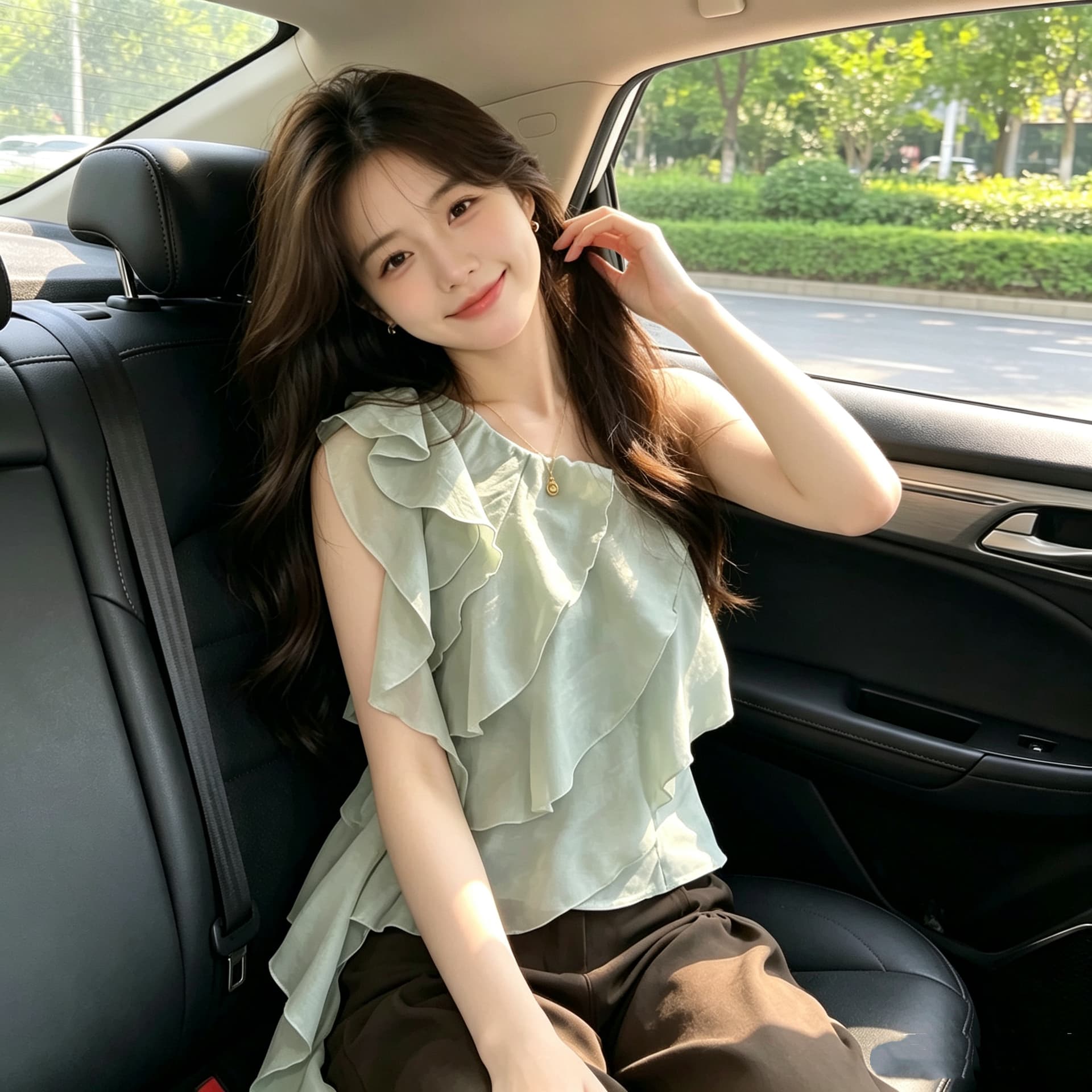 비스듬한 어깨 리본 프릴 작은 셔츠